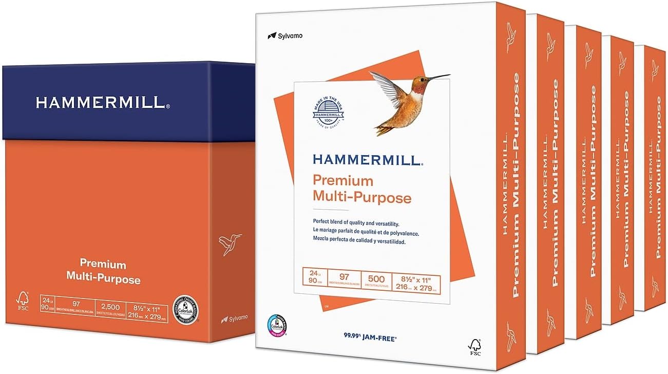 Hammermill Premium Multi-Purpose 24lb Copy Paper, 8.5x 11, 2,500 hojas, Hecho...