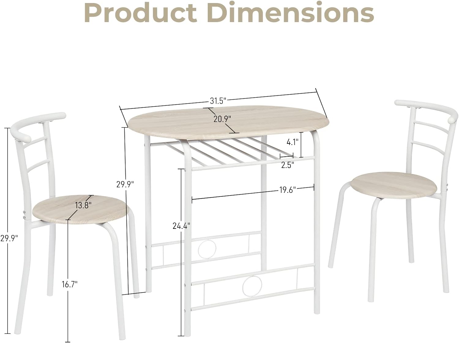 VINGLI Juego de comedor de 3 piezas, juego de mesa de cocina pequeña para 2,