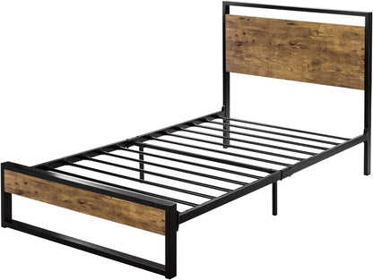 Base de cama individual con cabecera de madera, cama de plataforma de metal