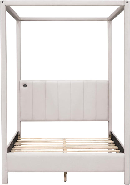 Designs Cama con dosel tamaño matrimonial con puertos USB y tipo C, base de