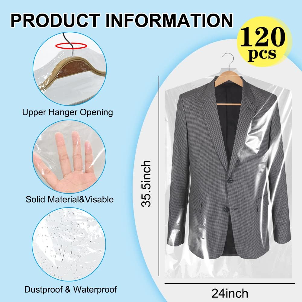 BEISHIDA 120 bolsas de plástico para ropa de 35.5 pulgadas, bolsas de limpieza...