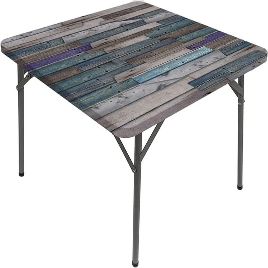 Ensenada de mesa cuadrada rústica, tablones de madera azul y gris, uñas para