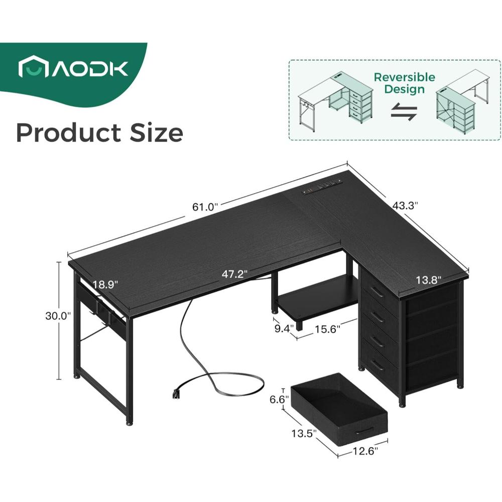 Escritorio Para Juegos En Forma De L Con 4 Cajones,AODK, Negro