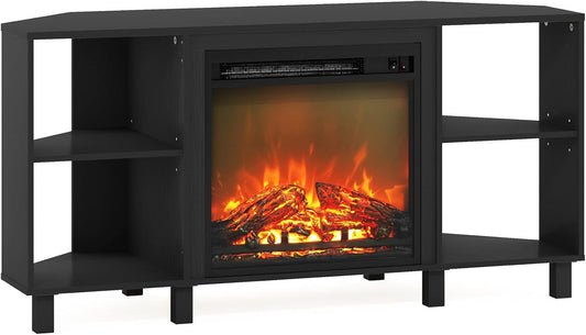 Furinno Jensen - Soporte esquinero para TV con chimenea, 4 compartimentos...