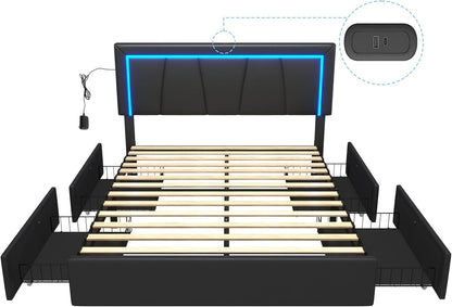 DICTAC Base de cama LED Queen con 4 cajones y puertos USB, moderna plataforma