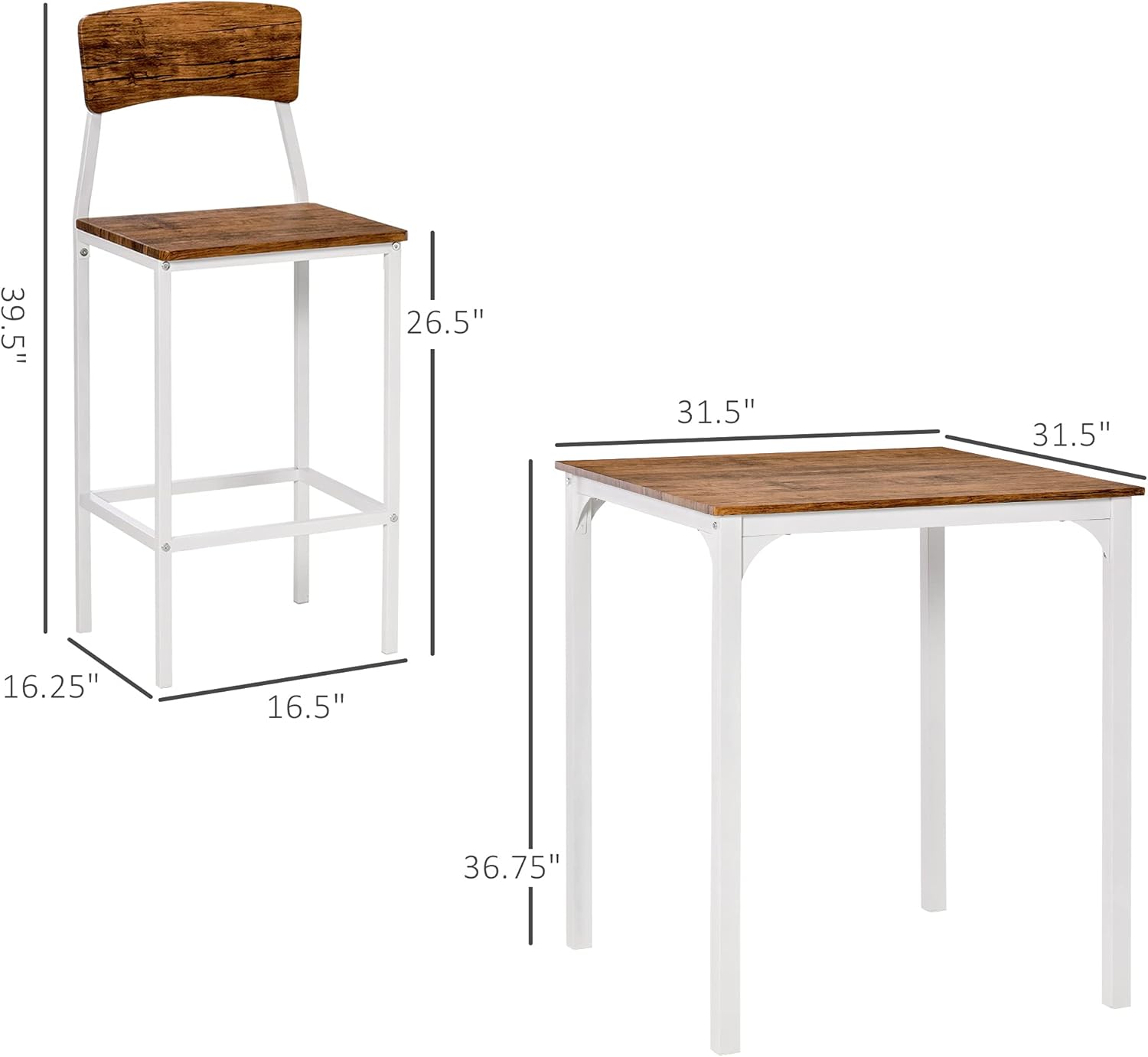HOMCOM Juego de mesa y sillas de barra de altura de mostrador de 3 piezas,...