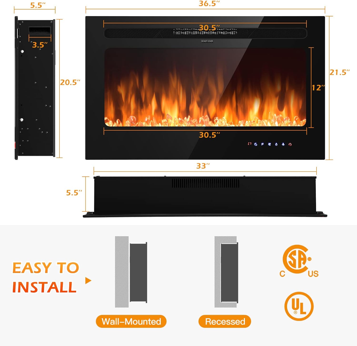 ORALNER Chimenea eléctrica de 36 pulgadas de ancho, empotrada en pared y pared...