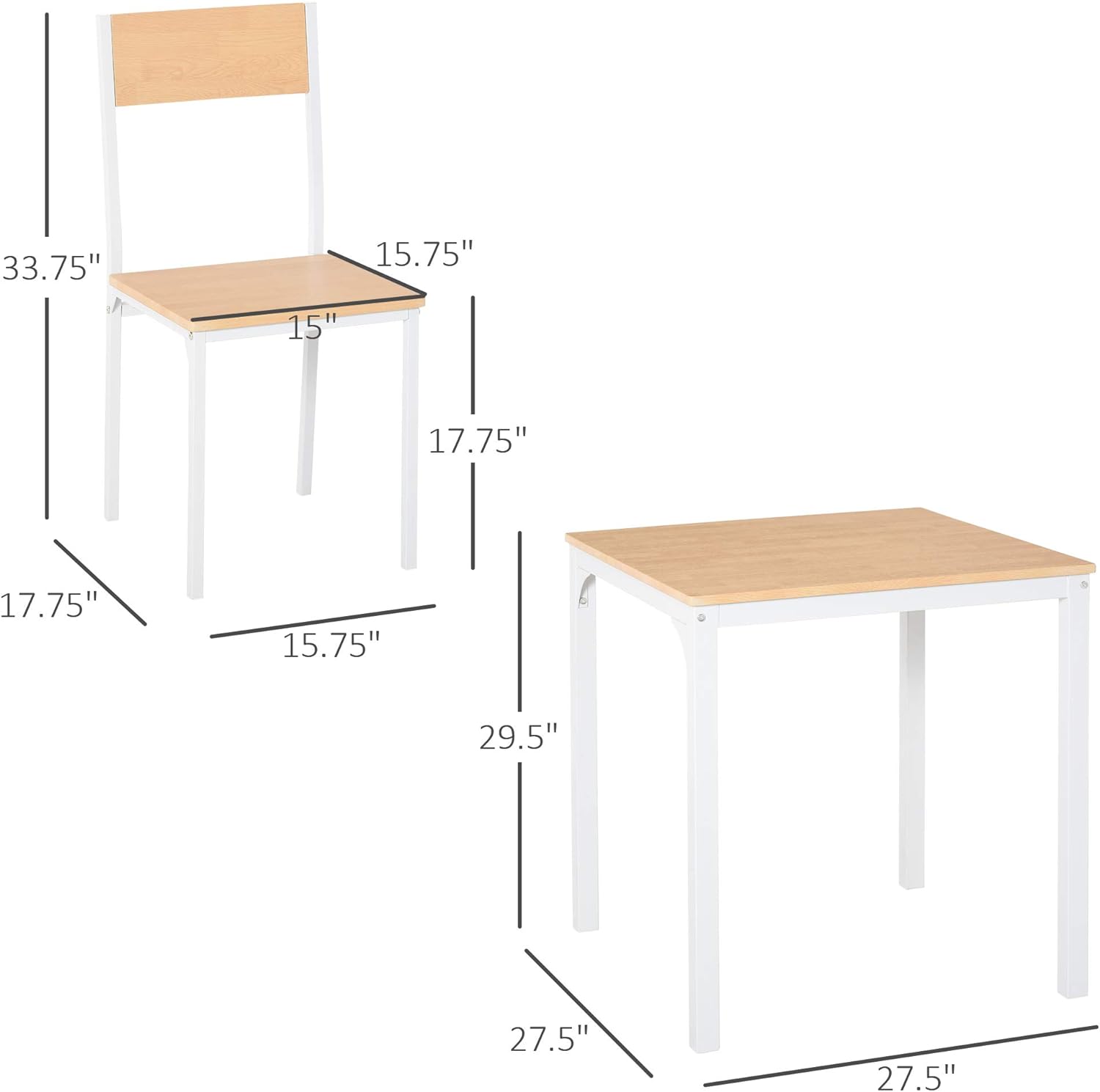 HOMCOM Juego de mesa de comedor cuadrada de madera de 3 piezas con 1 mesa y 2
