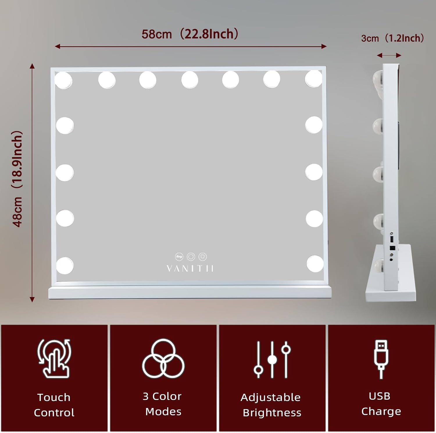 Vantii - Espejo de tocador Hollywood con luces, carga USB, 22.8 x 18.1...