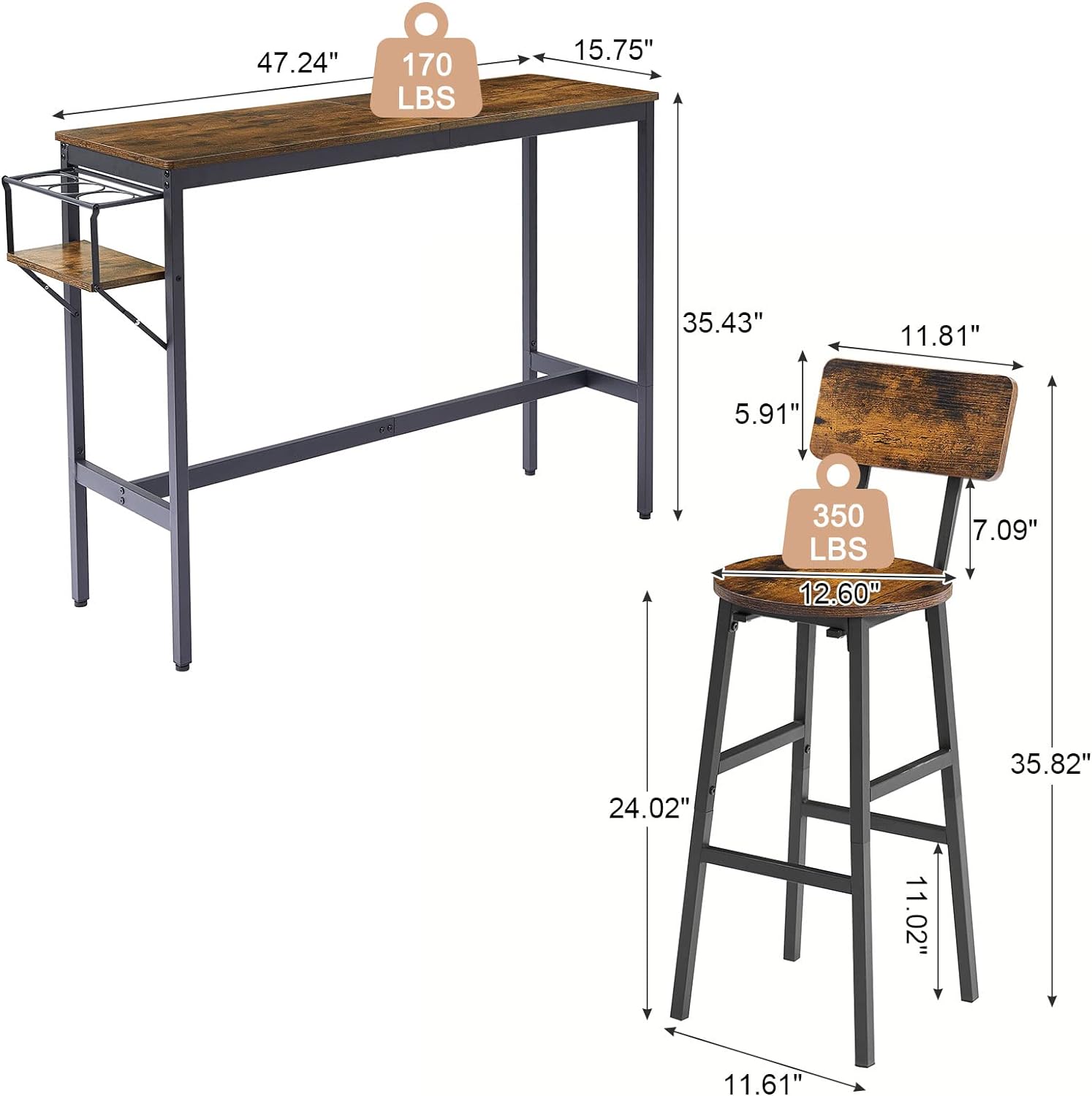 Juego de mesa de bar y sillas de 3 piezas, mesa de pub con estante plegable