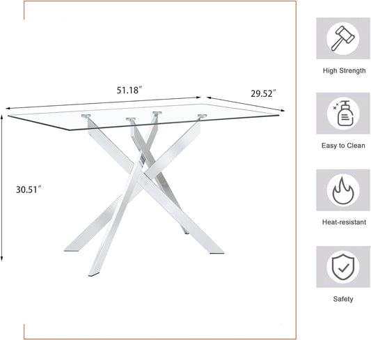 Mesa de comedor rectangular de vidrio transparente de 51.18 pulgadas, mesa de