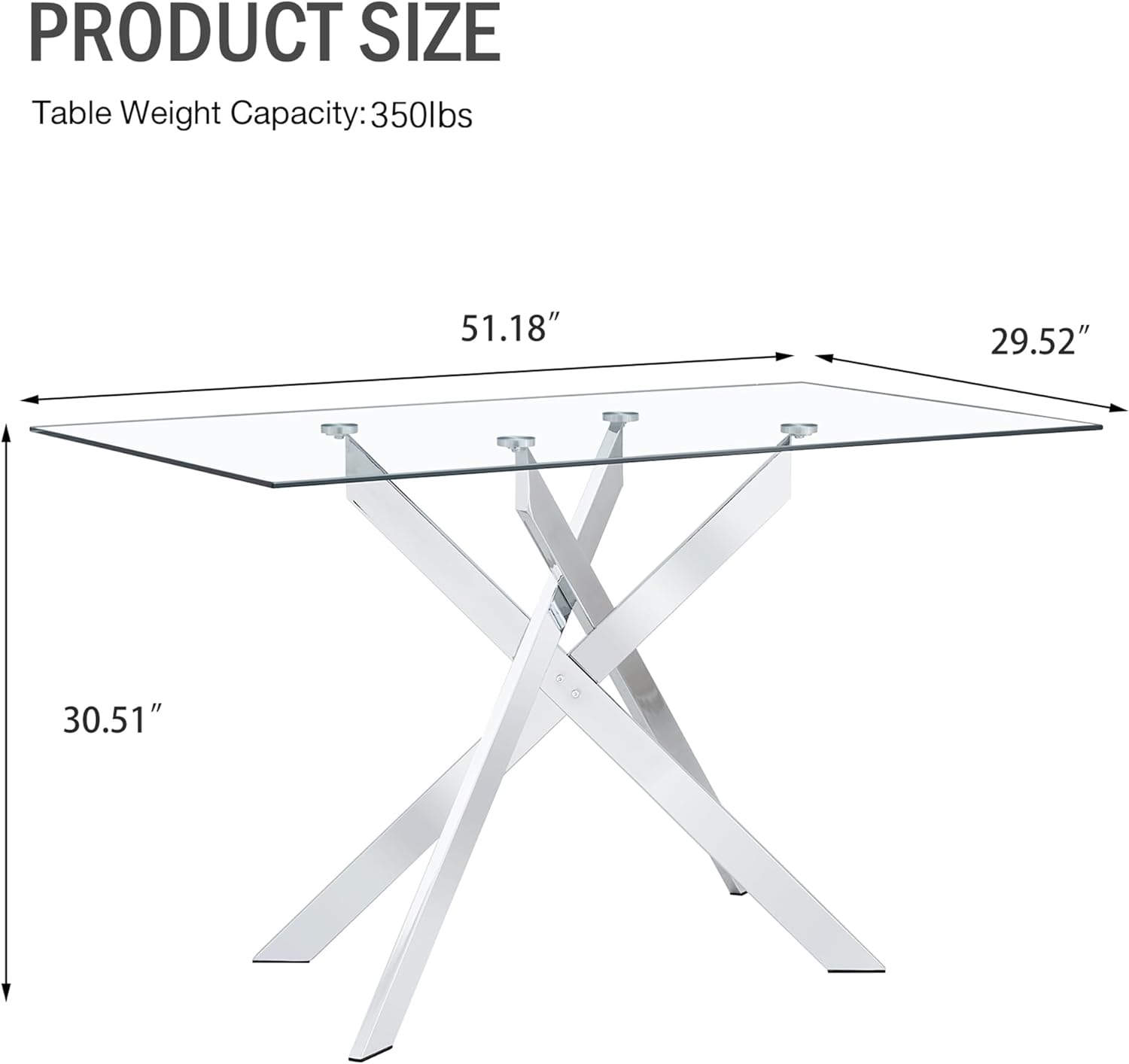 Mesa de comedor de cristal de 51 pulgadas para 4, mesa de comedor moderna de