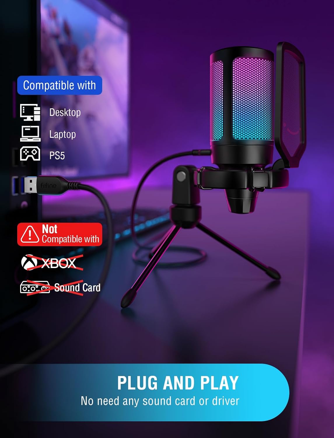 FIFINE Micrófono USB para juegos para PC PS5, micrófono de condensador con...