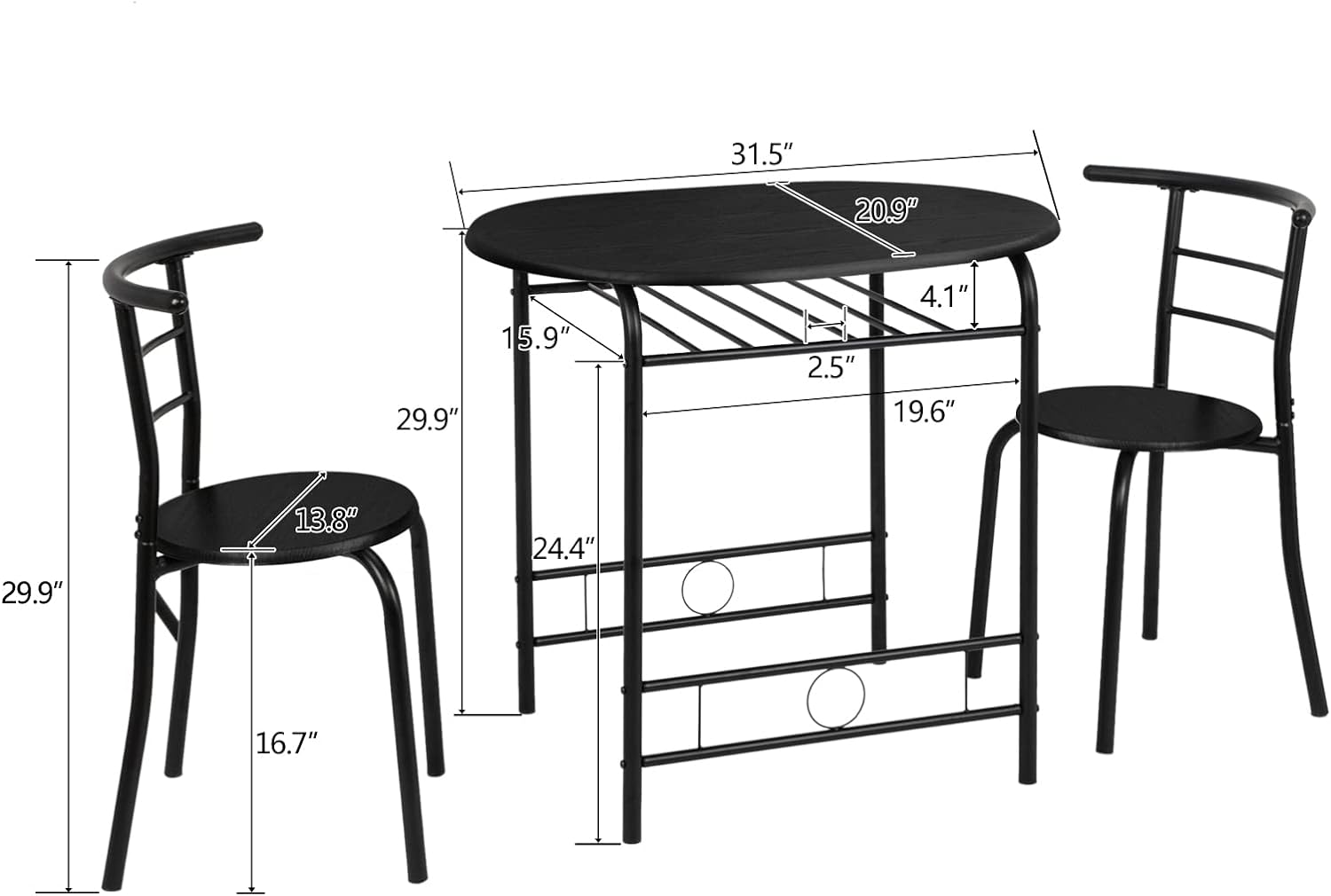 VINGLI Juego de comedor de 3 piezas, juego de mesa de cocina pequeña para 2,