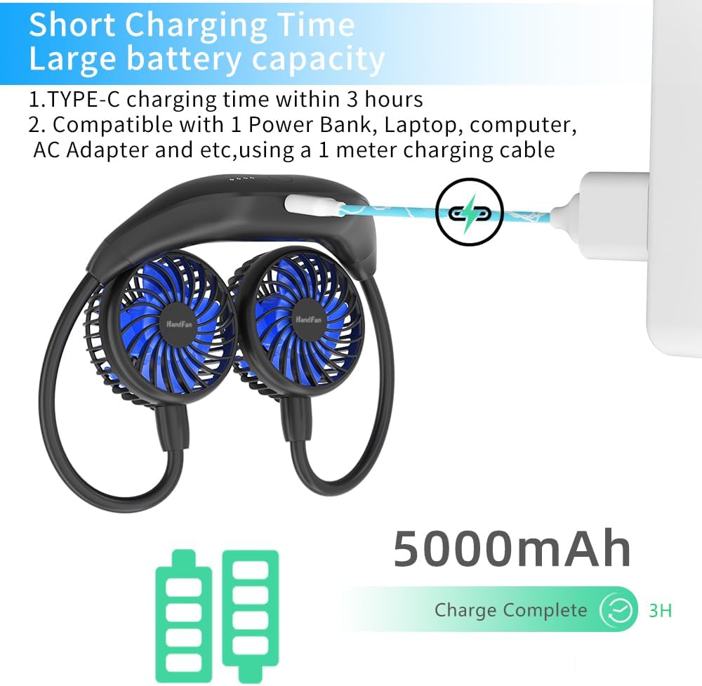 HandFan Ventilador de cuello de 5000 mAh portátil, recargable, ventiladores...