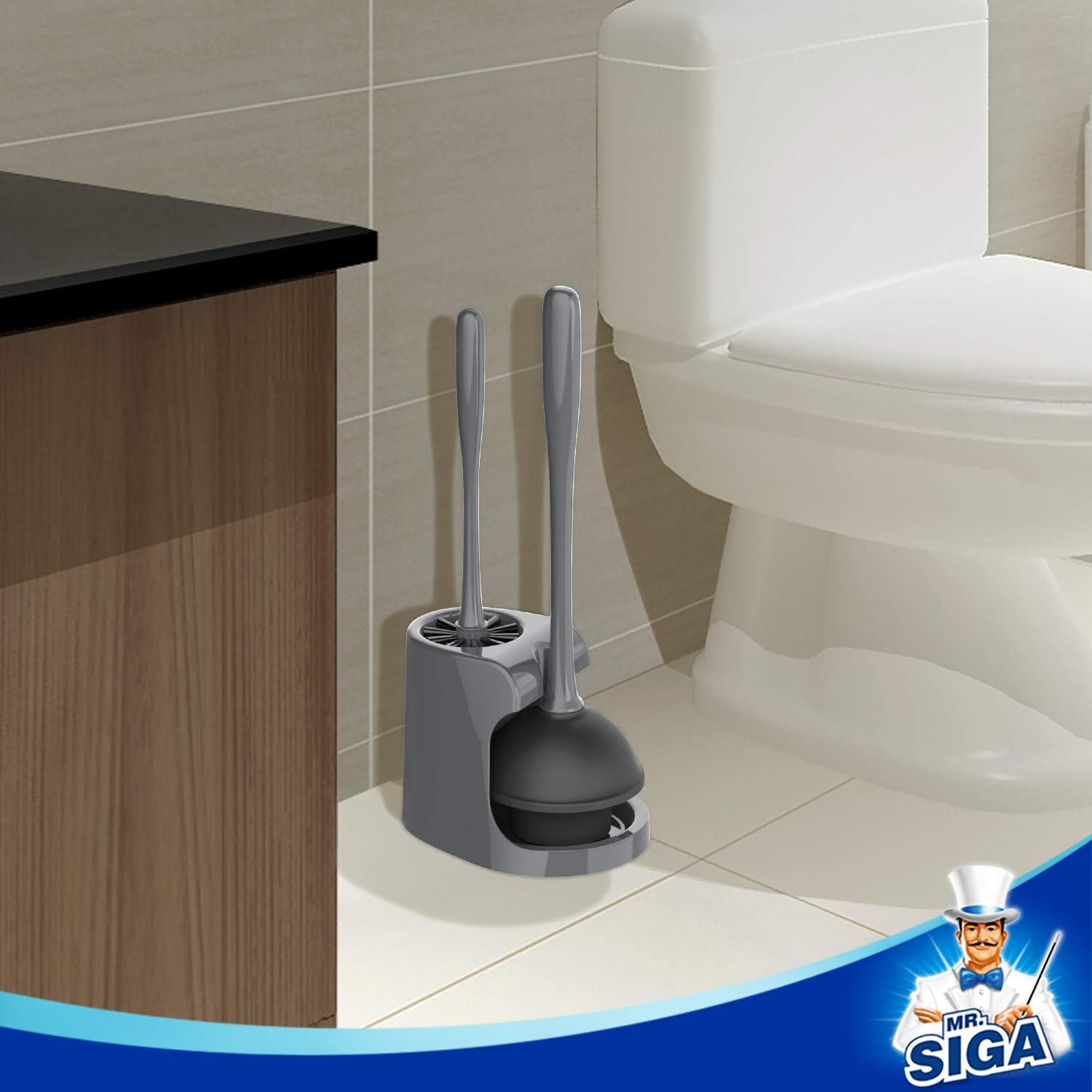 MR.SIGA Combo de émbolo de inodoro y cepillo para limpieza de baño, gris, 2...