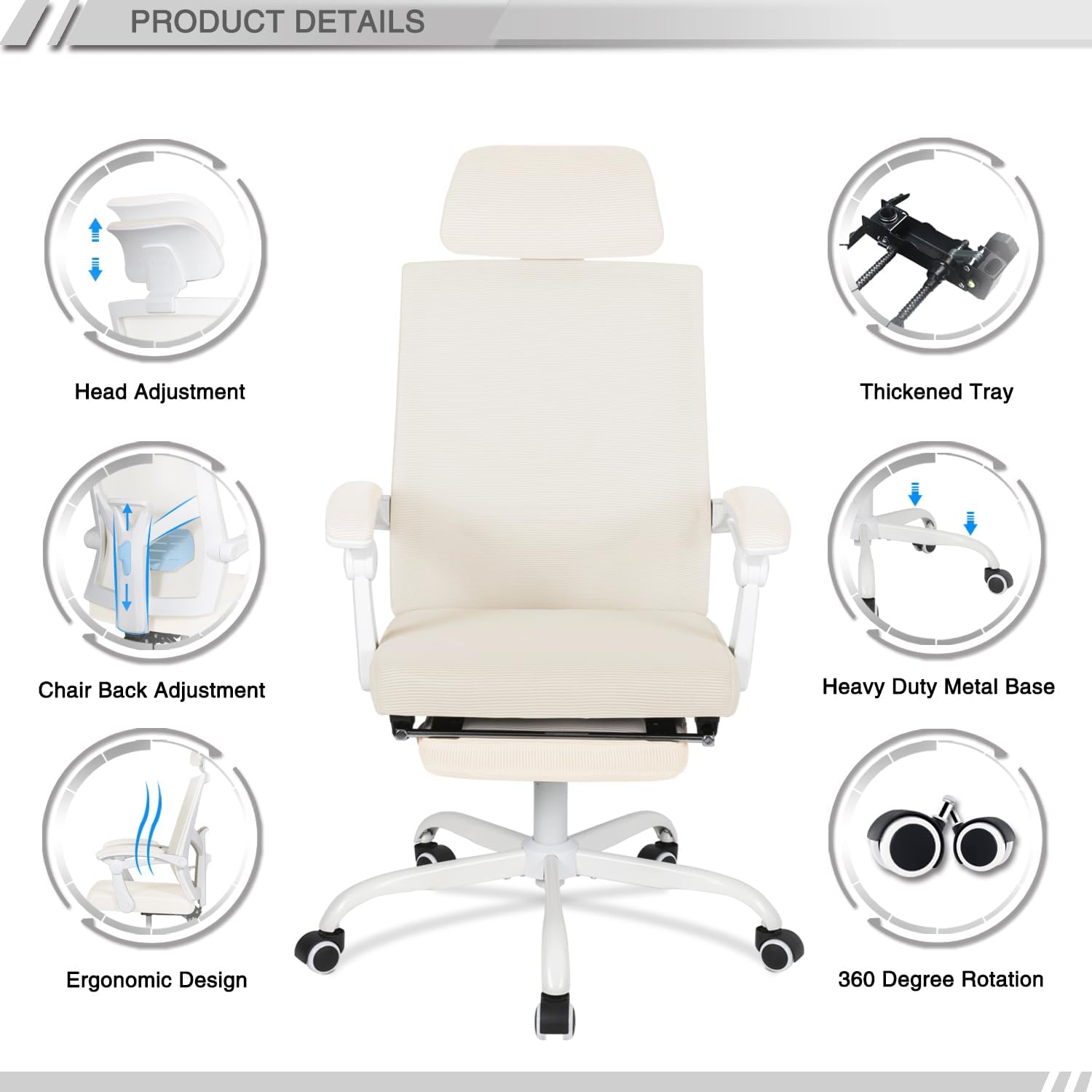 Qulomvs - Silla de oficina de malla ergonómica con reposapiés, reposacabezas y...