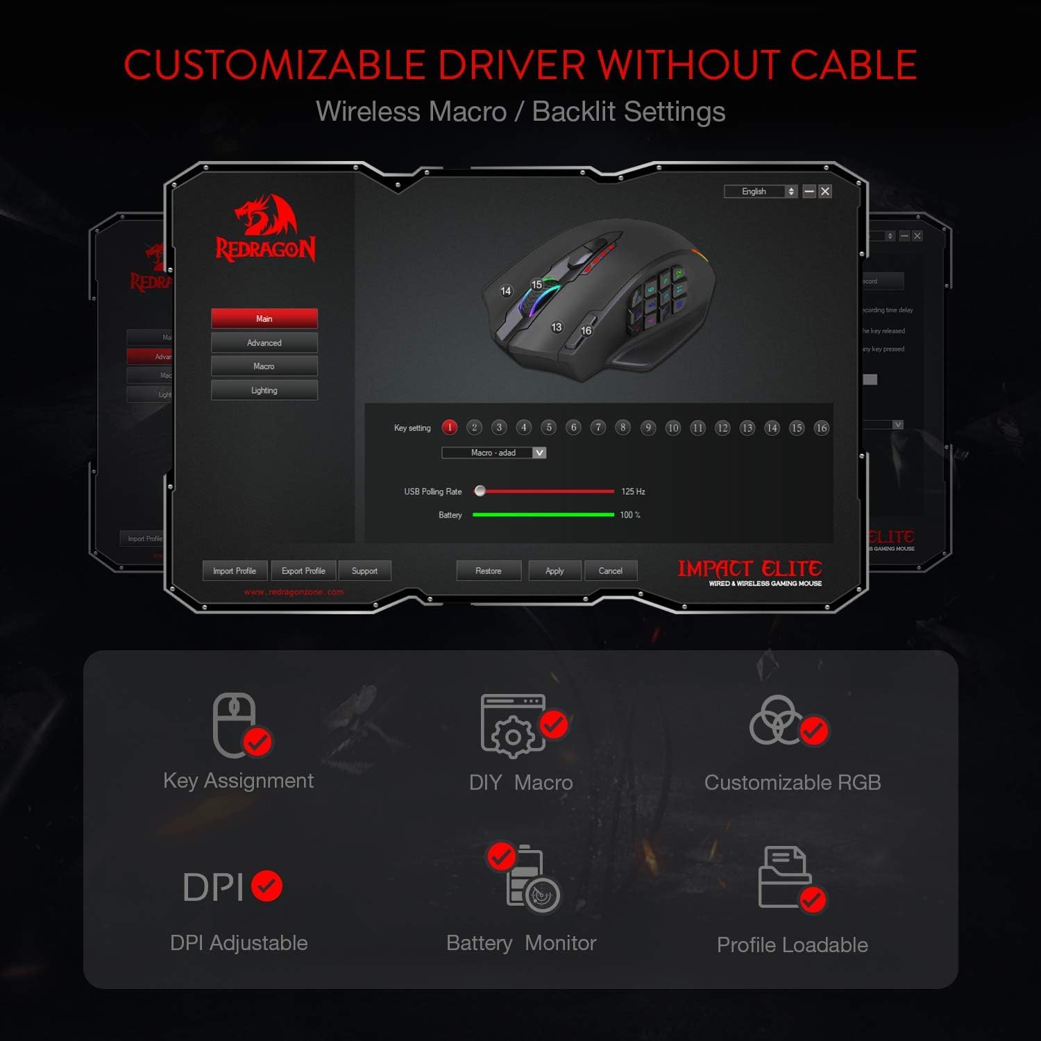 Redragon - Mouse MMO M913 Impact Elite inalámbrico para videojuegos, 16 000...