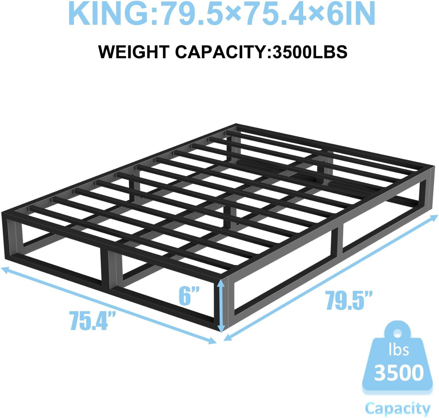 Base de cama King de 6 pulgadas con soporte de listones de acero, plataforma de