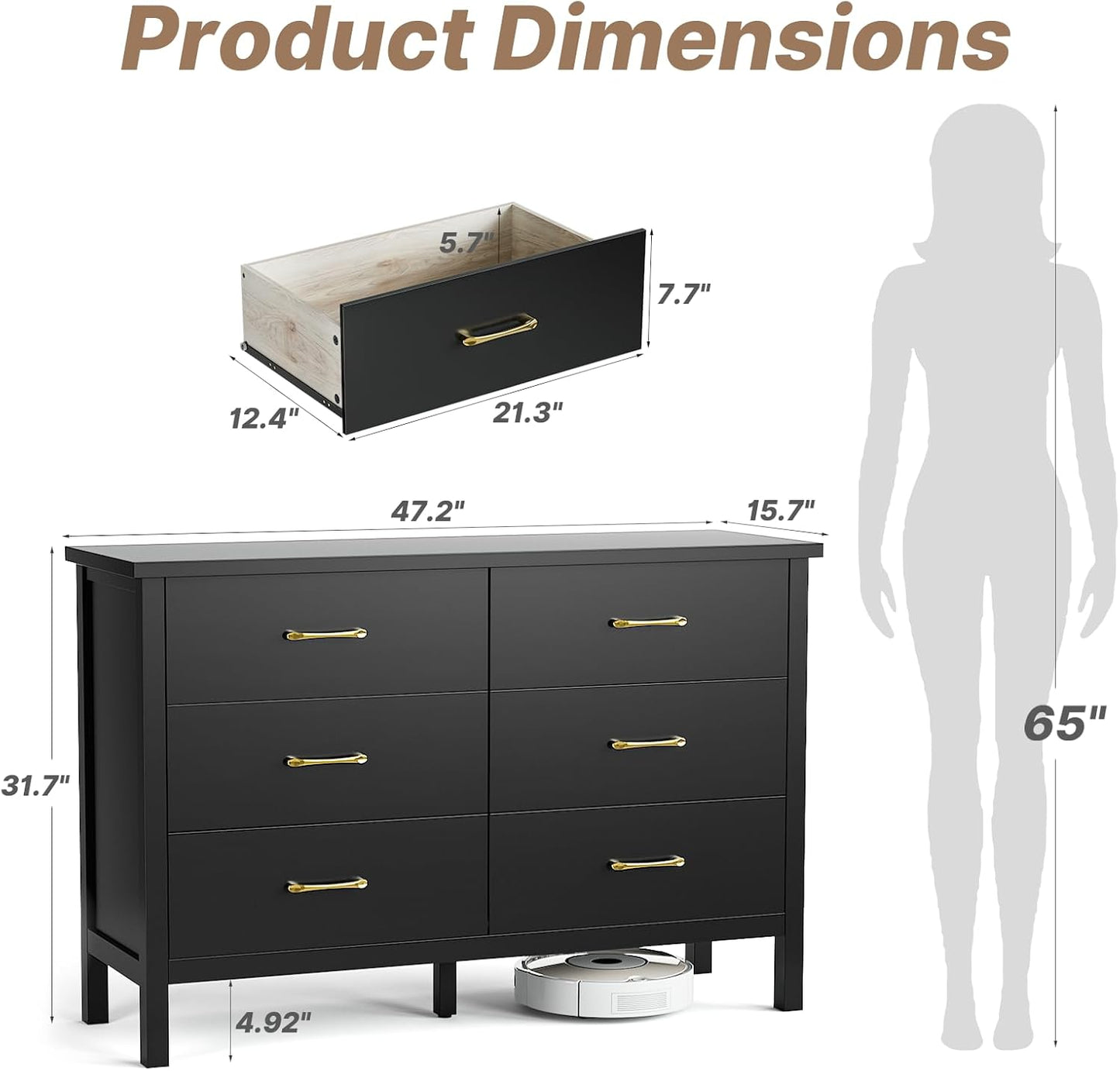 LYNSOM Cómoda negra para dormitorio, cómoda de 6 cajones con asas de metal,...