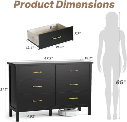 LYNSOM Cómoda negra para dormitorio, cómoda de 6 cajones con asas de metal,...