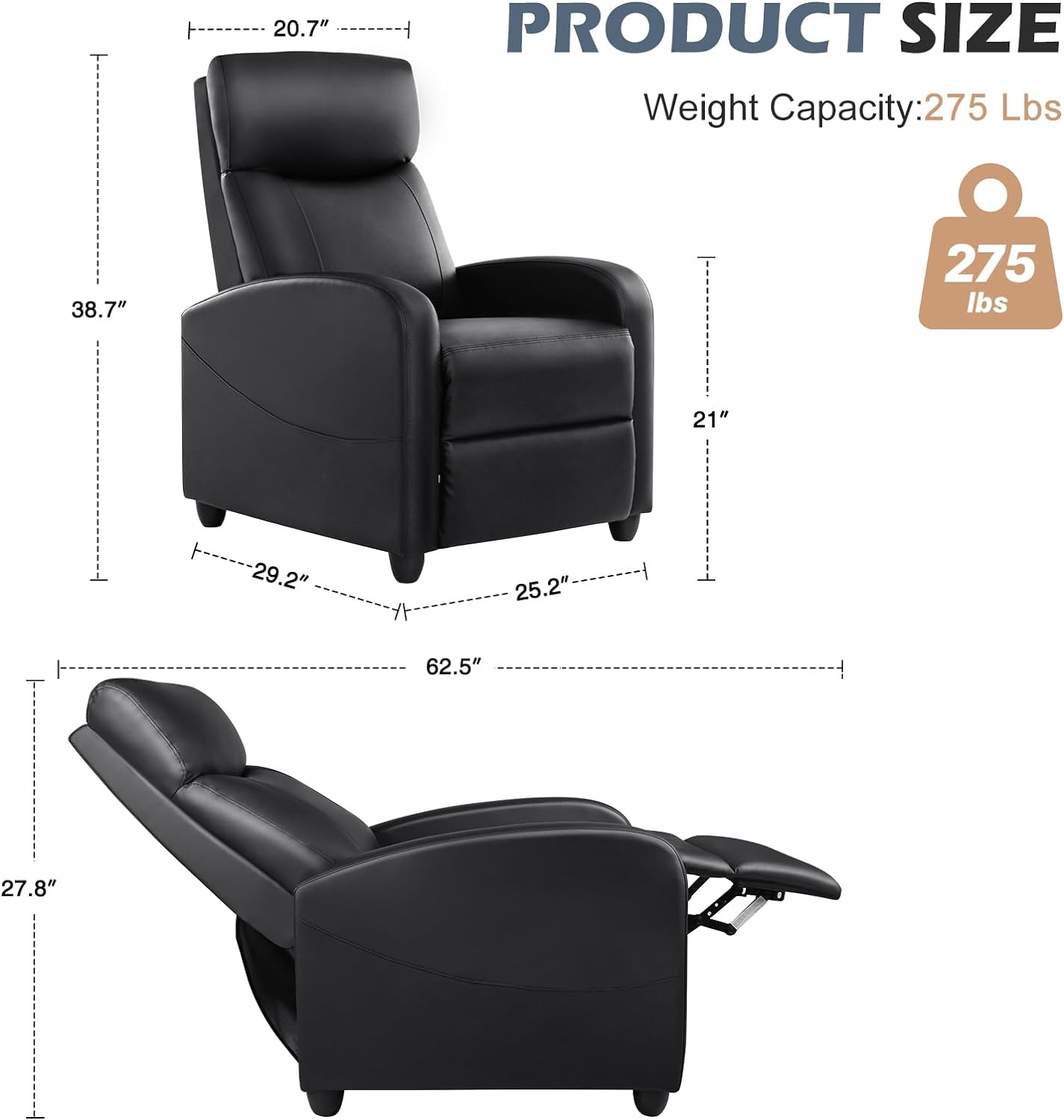 Sweetcrispy Silla reclinable para adultos, asiento reclinable pequeño de piel...