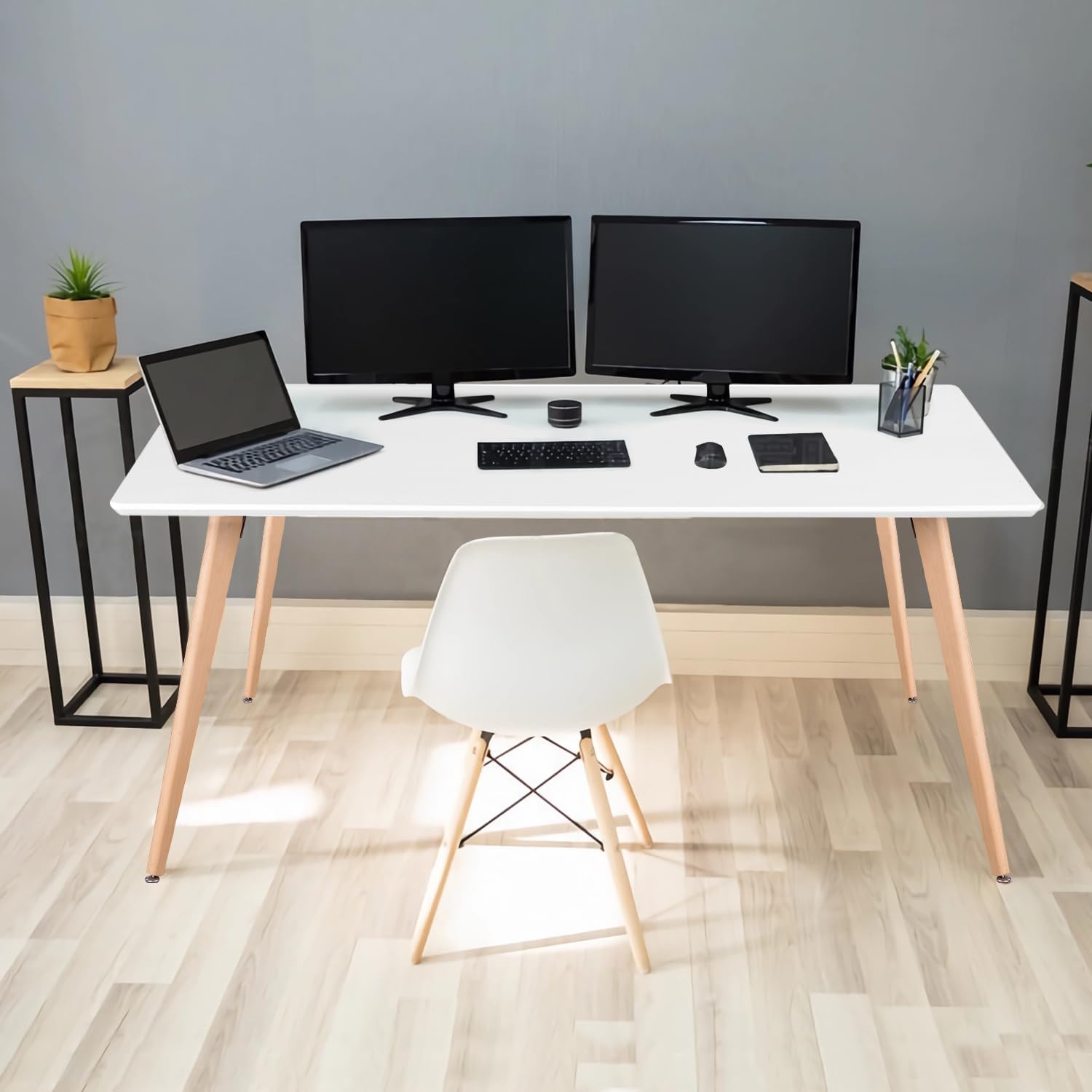 FurnitureR Mesa de comedor rectangular minimalista con patas redondas de madera...