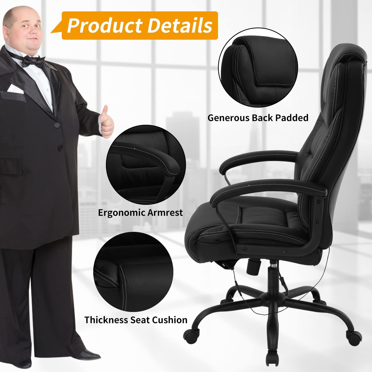Silla de oficina grande y alta para personas pesadas, 500 libras, silla de...