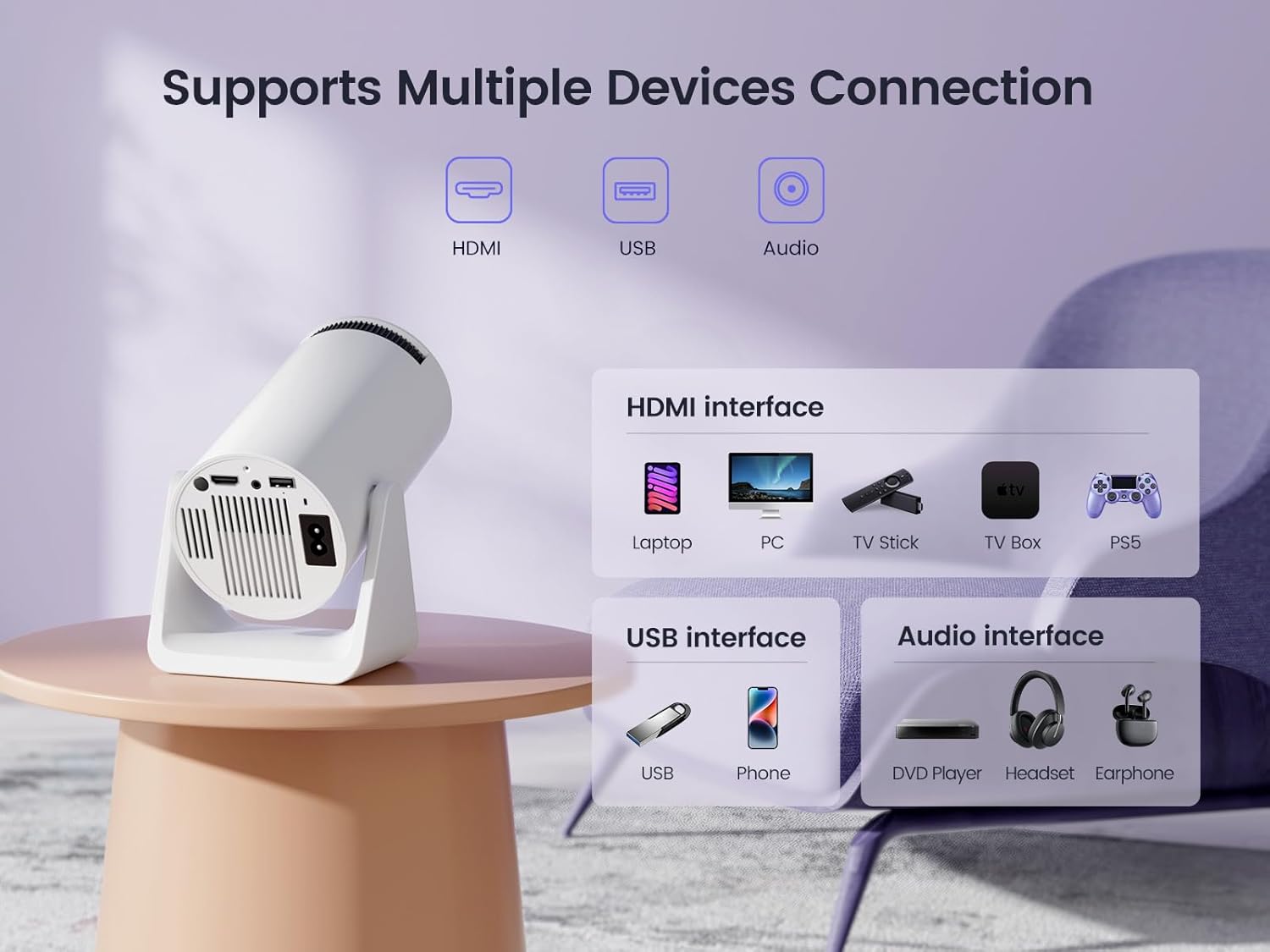 Soporte ajustable de 270 Mini proyector con WiFi y Bluetooth, proyector de...
