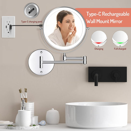 Espejo de maquillaje iluminado de pared recargable cromado, espejo de tocador...