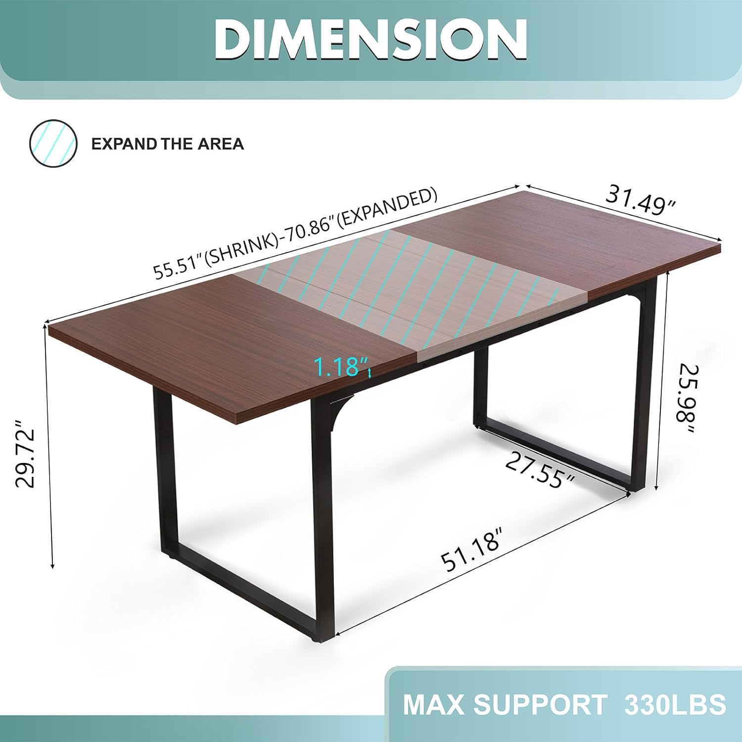 Mesa de comedor extensible, mesa de cocina moderna expandible de 70.86 pulgadas