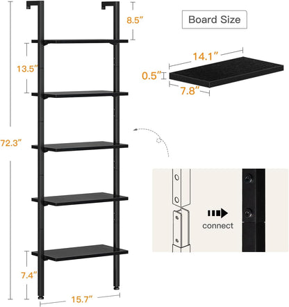 ODK Estantería de escalera, estantería negra de 5 niveles, estante de pared de...