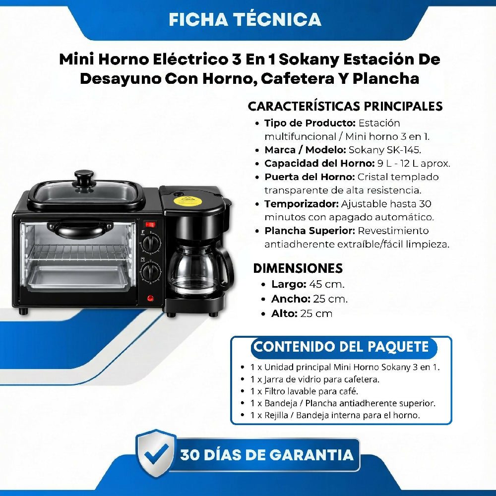 Mini Horno Eléctrico 3 En 1 Sokany Estación De Desayuno Con Horno, Cafetera Y Plancha