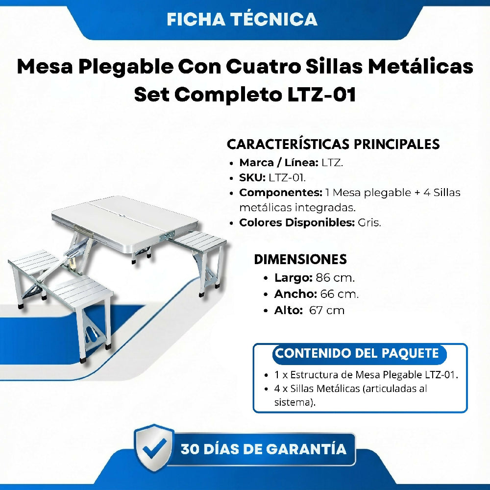 Mesa Plegable Con Cuatro Sillas Metálicas Set Completo LTZ01