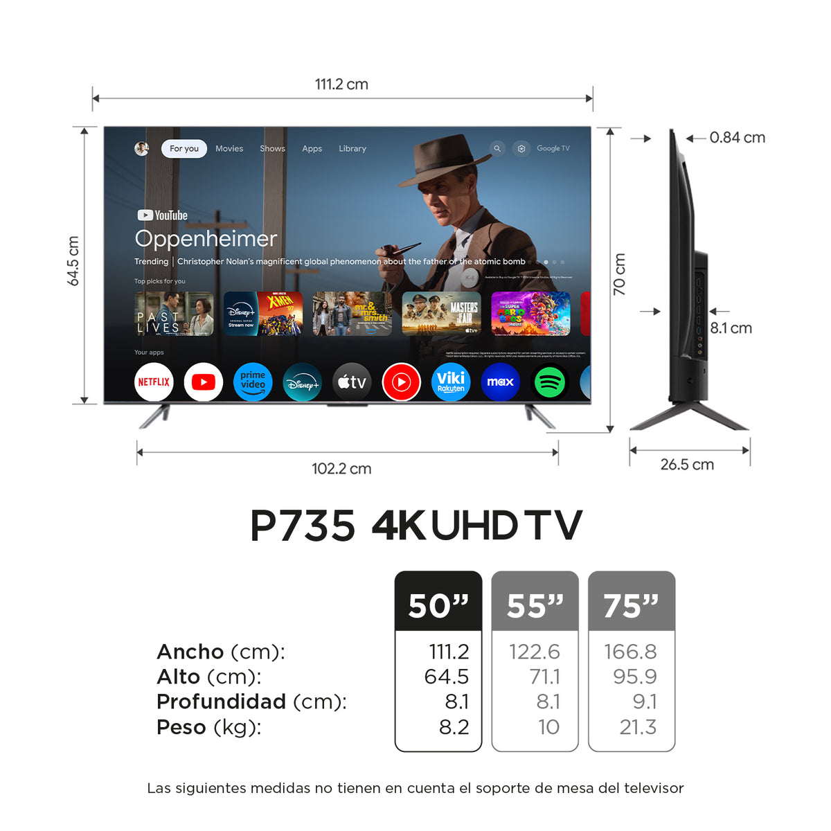 Televisor TCL 50" P735 4K UHD, Negro