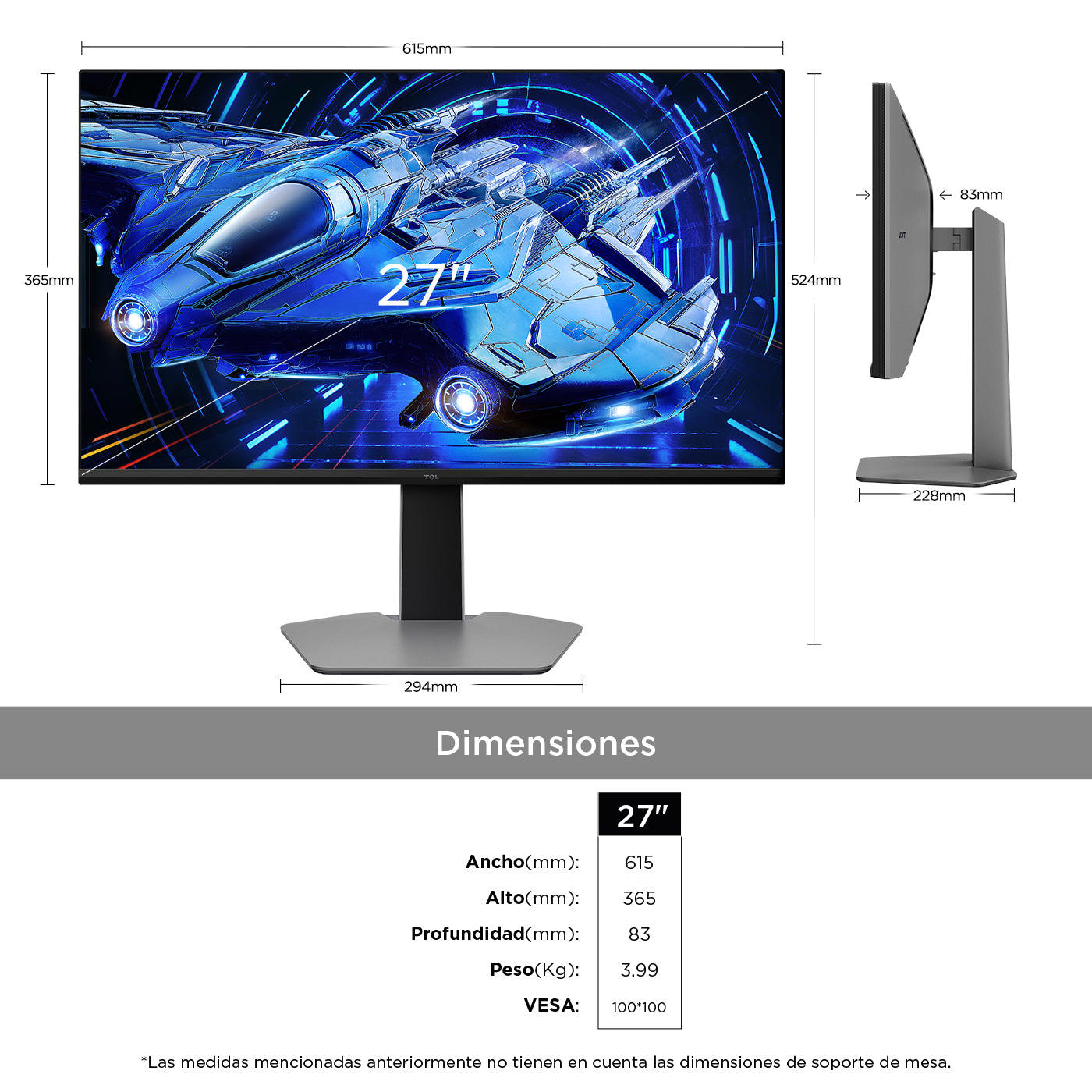 Monitor TCL Gamer 27" Pulgadas G64 QHD MiniLED, Negro