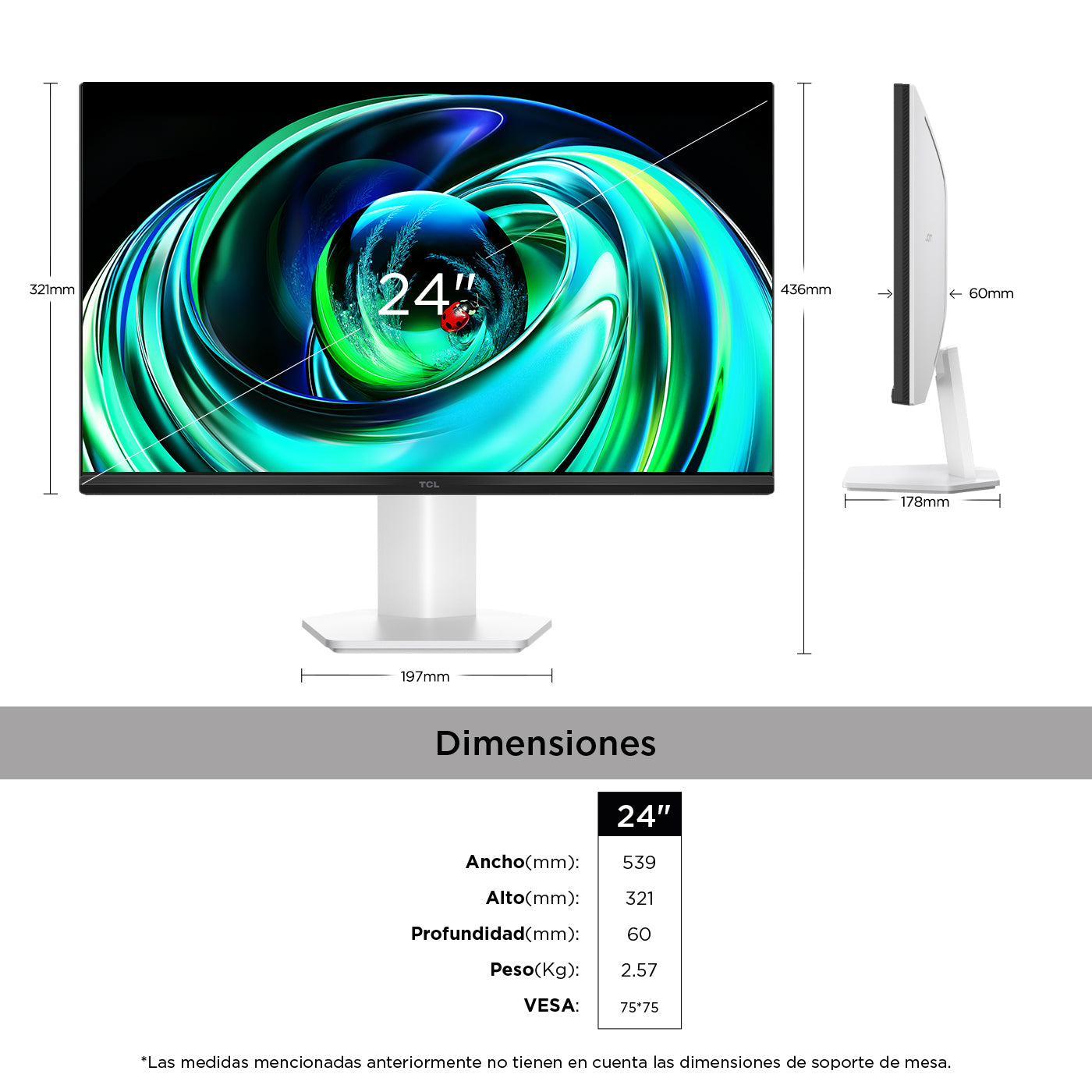Monitor TCL 24" Pulgadas G54 FHD MiniLED Plano, Blanco