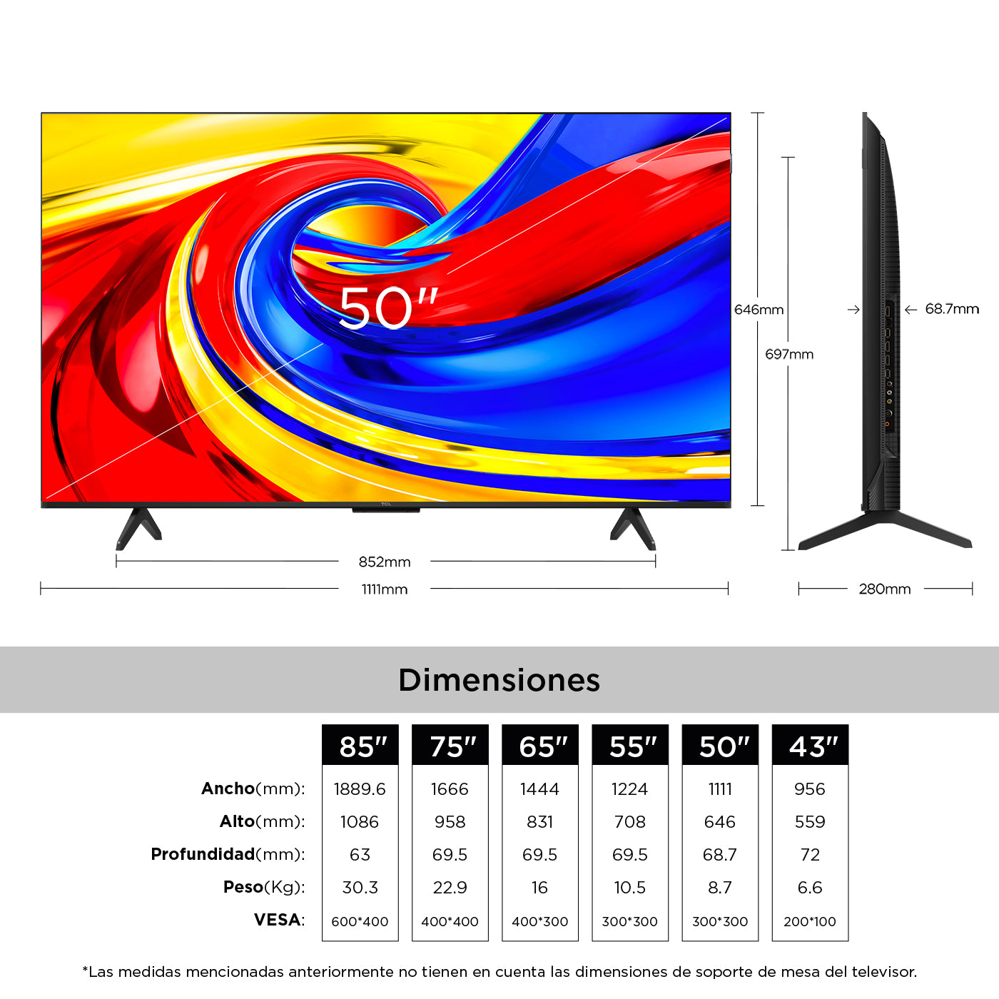 Televisor TCL 50" Pulgadas 50P7L 4K-UHD QLED, Negro
