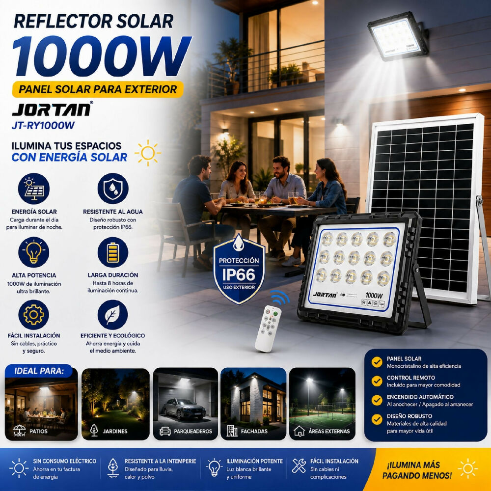 Reflector LED Solar De 1000W Para Exterior Ilumina Grandes Espacios