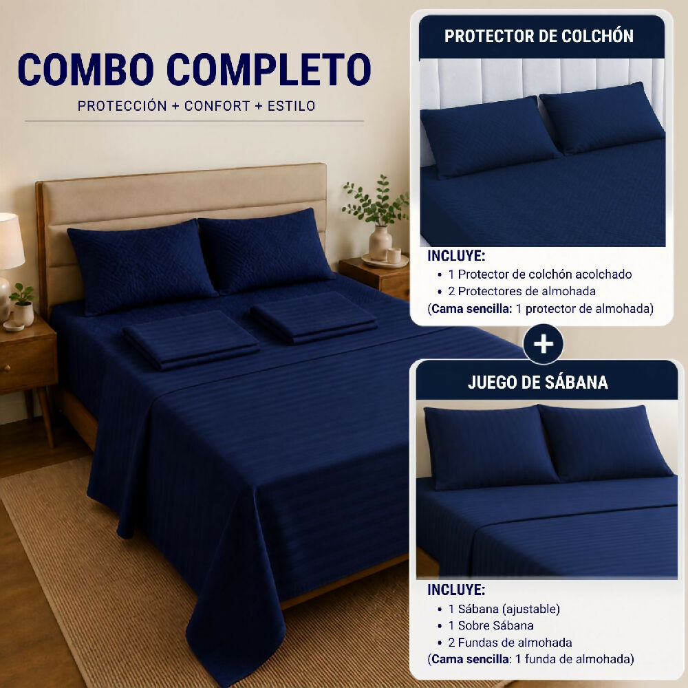 Combo protector colchon + Juego de sábanas sencilla azul