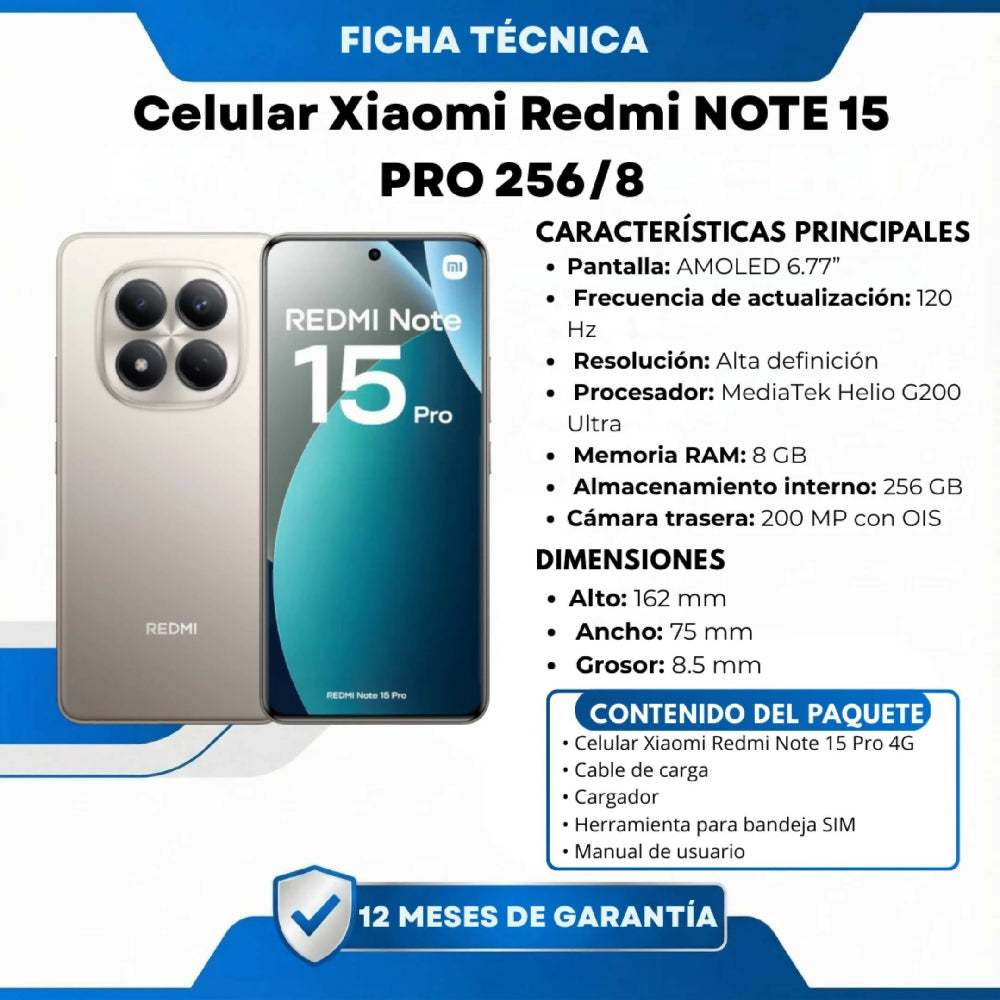 Celular Xiaomi Redmi NOTE 15 PRO 256/8 Pantalla AMOLED Plateado