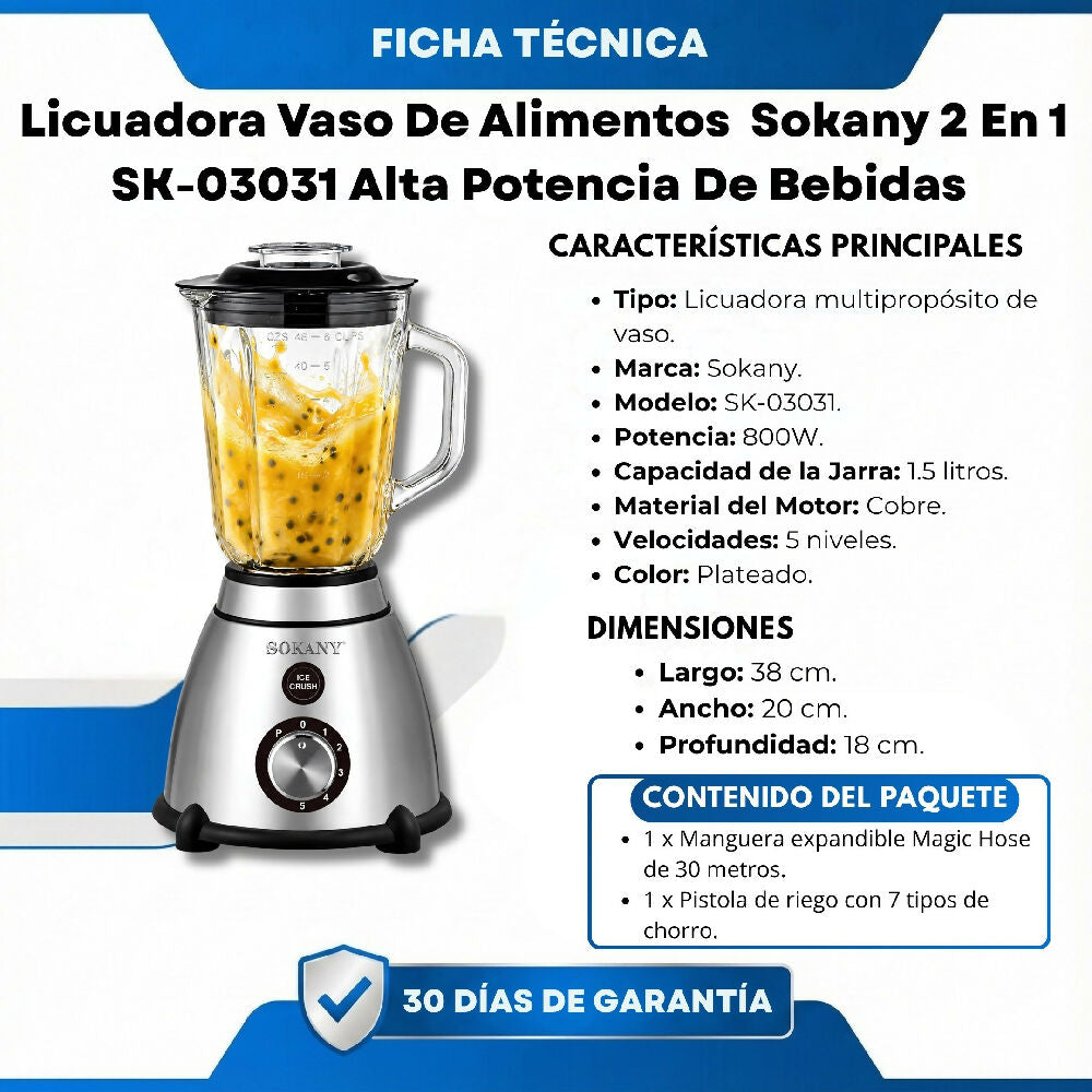 Licuadora Vaso De Alimentos Sokany 2 En 1 SK-03031 Alta Potencia Bebida 1,5L