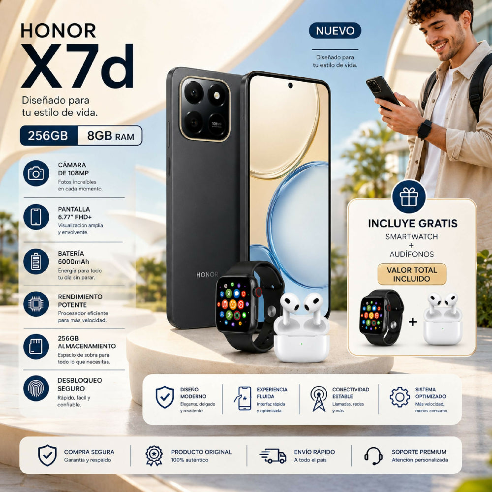 Celular Honor X7d 256gb Negro + 8gb Ram + Smartwatch Y Audífonos Gratis