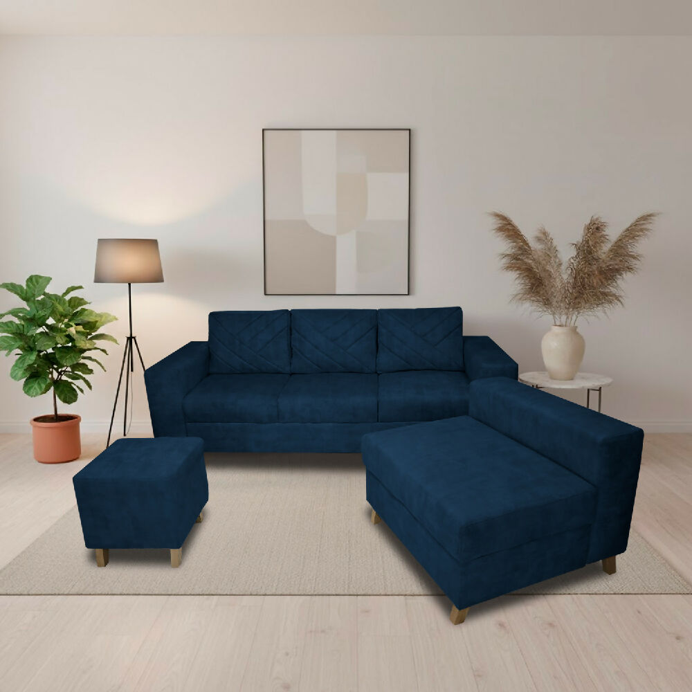 Sala Amsterdam + Silla + Puff en Tela Amiglable Con Mascotas 205X72X155 Cm Azul Petroleo