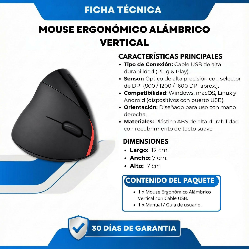 Mouse Ergonómico Alámbrico Vertical Sensor Óptico Con Botones Laterales