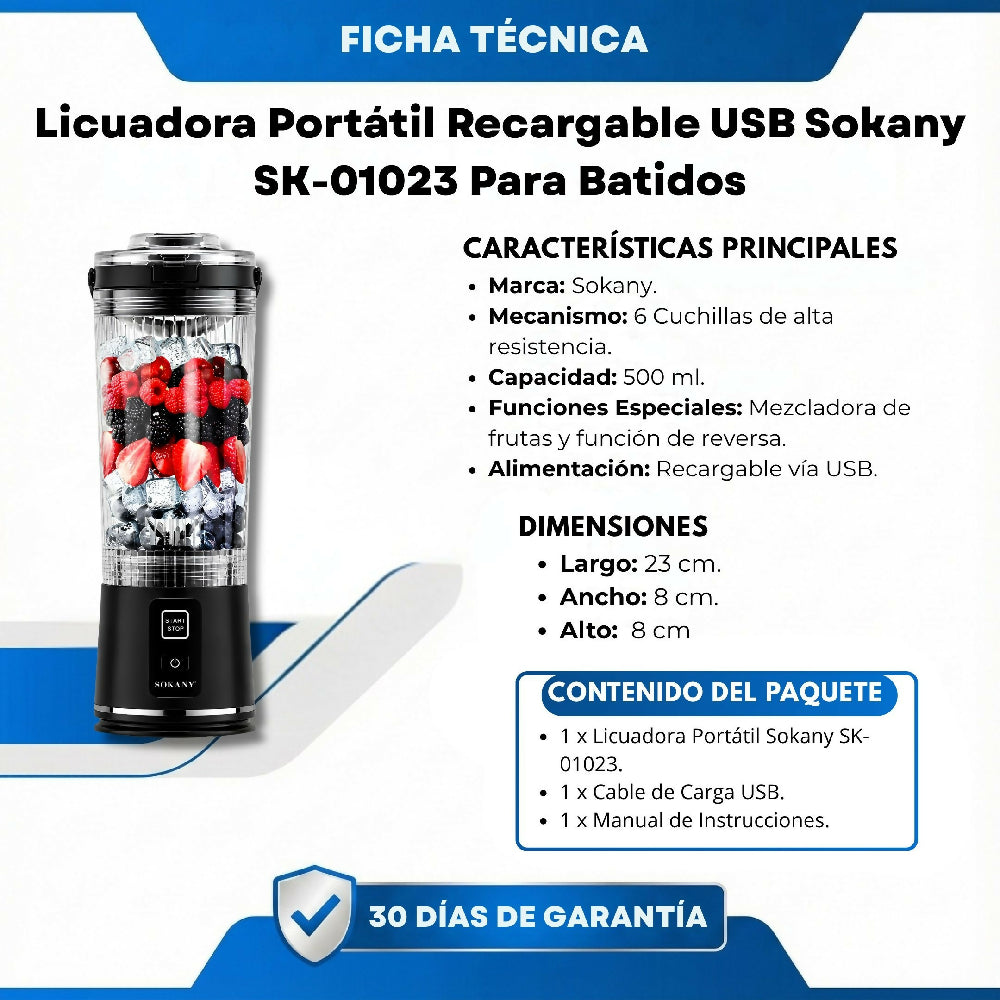 Licuadora Portátil Recargable USB Sokany SK 01023 Para Batidos