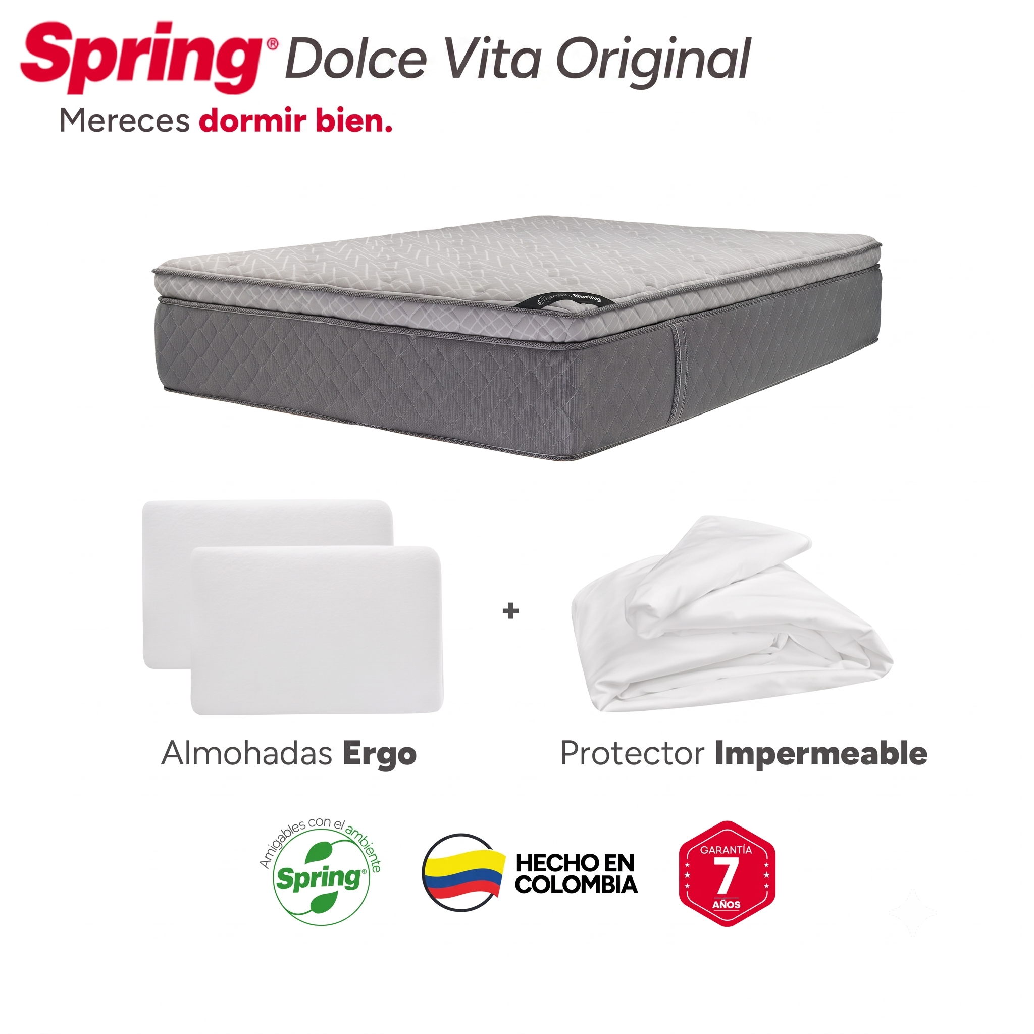 Colchón Spring Dolce Vita King 200X200 Cm  + Set Almohadas Siliconadas + Protector