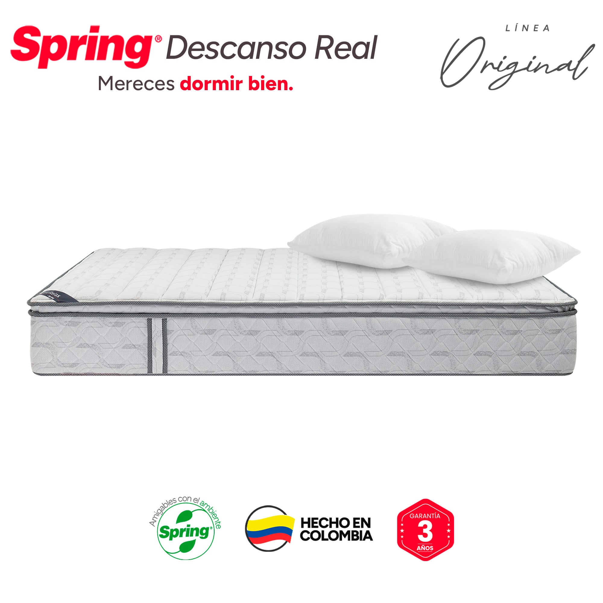 Colchón Spring Descanso Real Doble 140X190 Cm + + Set Almohadas Siliconadas