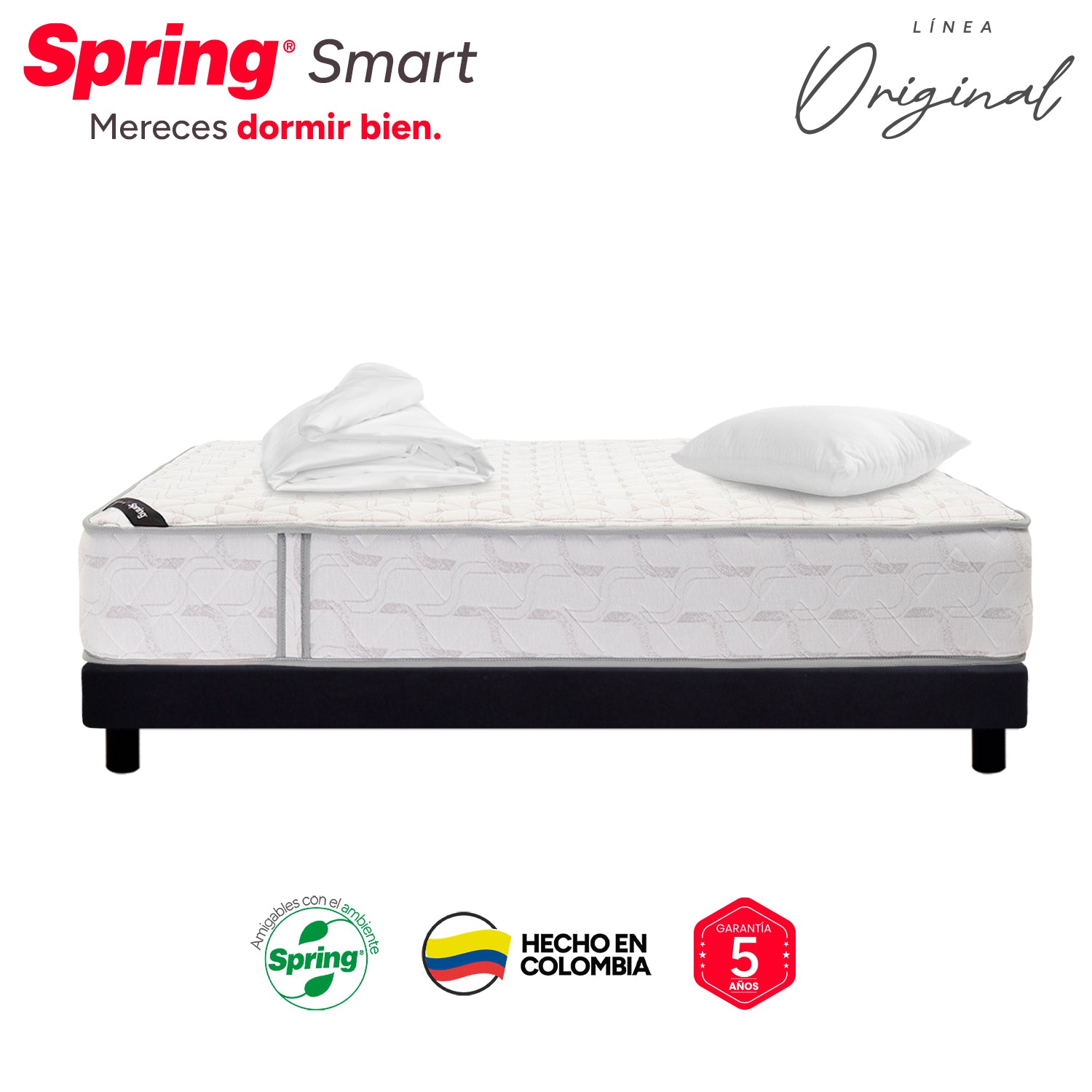 Combo Colchón Spring Smart Doble 140X190 Cm + Base Cama Negra + Almohadas + Protector