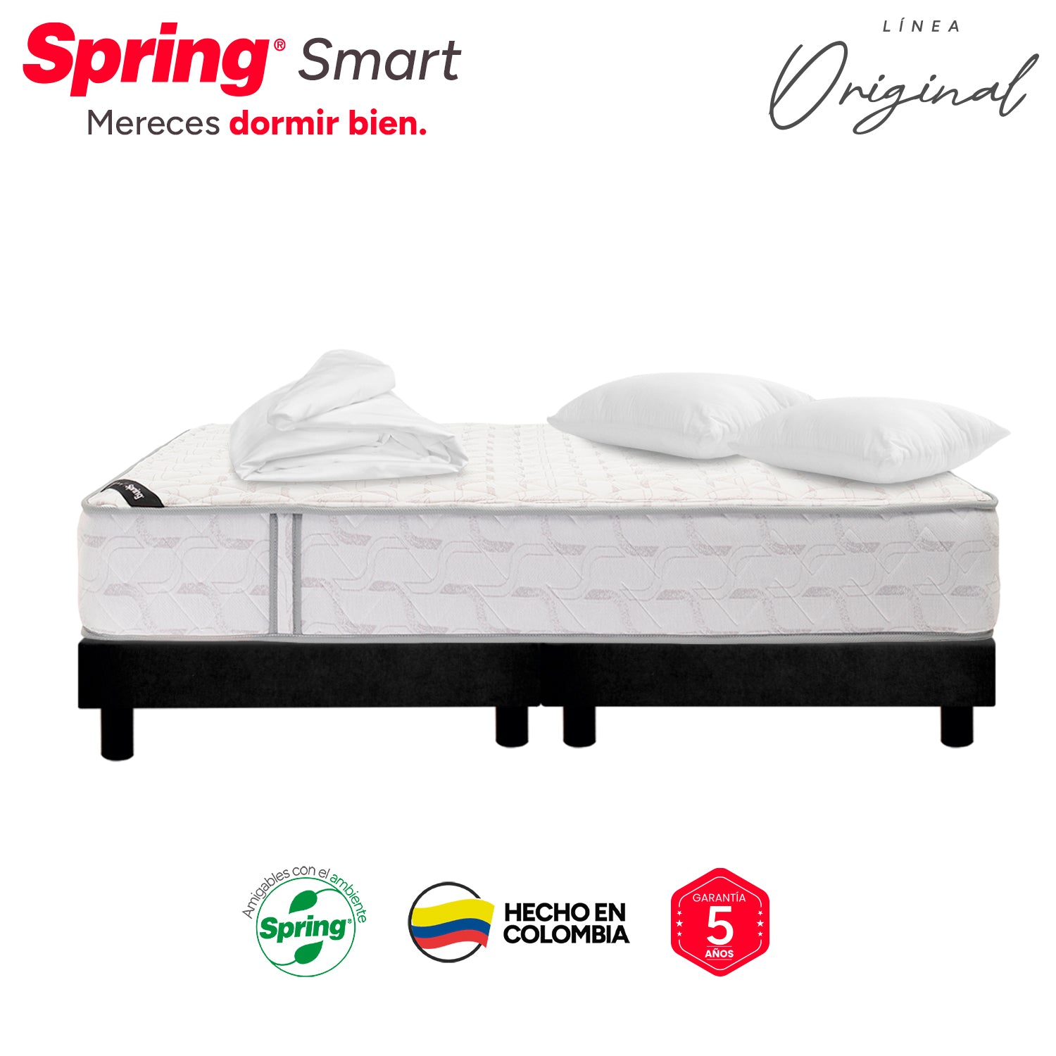 Combo Colchón Spring Smart King 200X200 Cm + Base Cama Negra Dividida + Almohadas + Protector